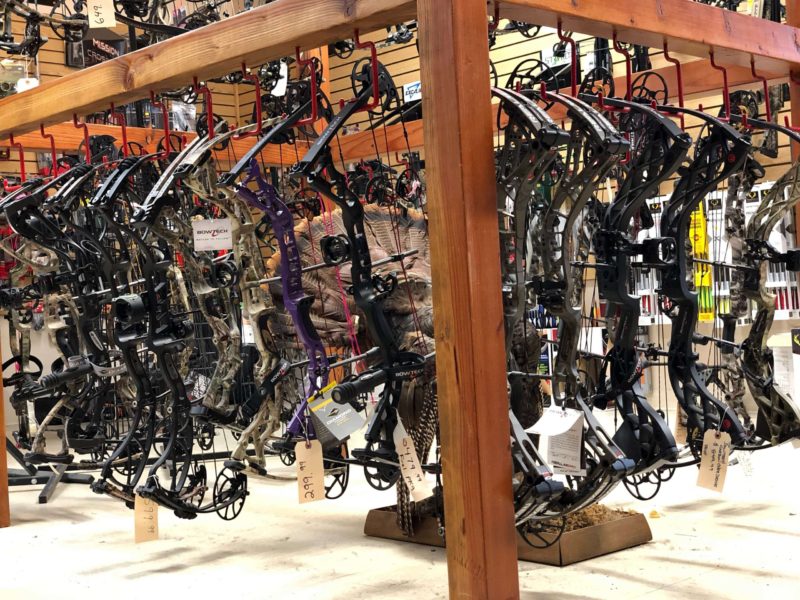 Bows on display in the archery pro shop