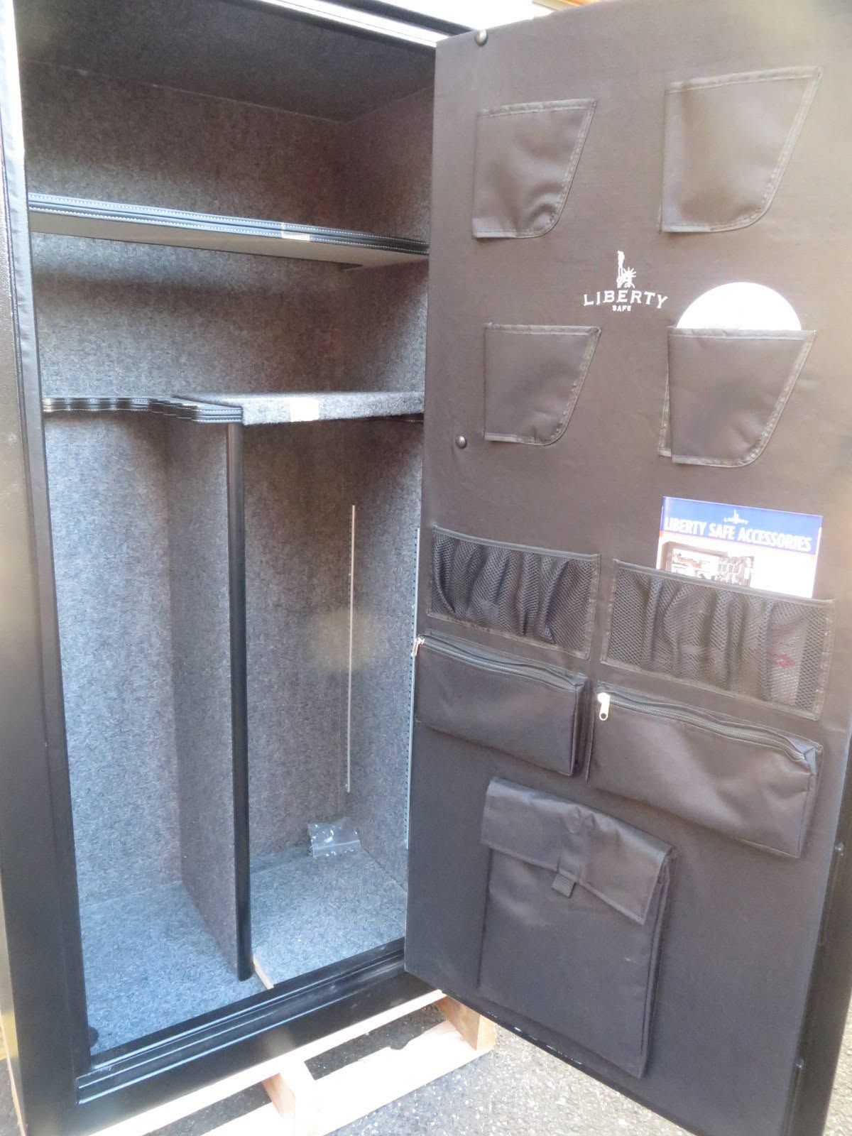 Inside a Liberty safe with the door organizer